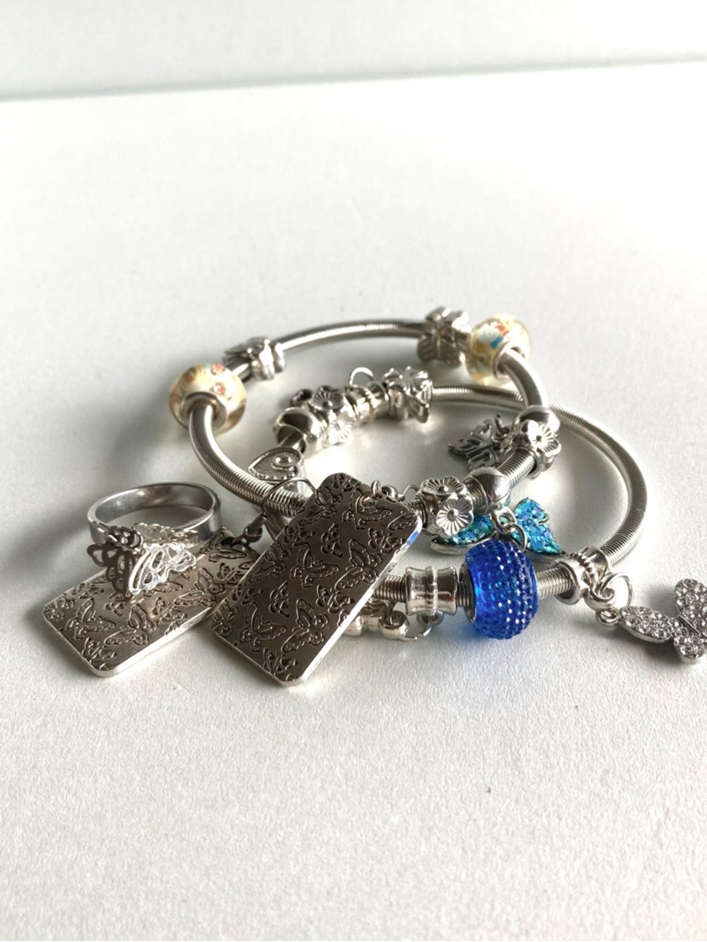 Silver tone Charm Bracelet ring earring Butterfly bundle